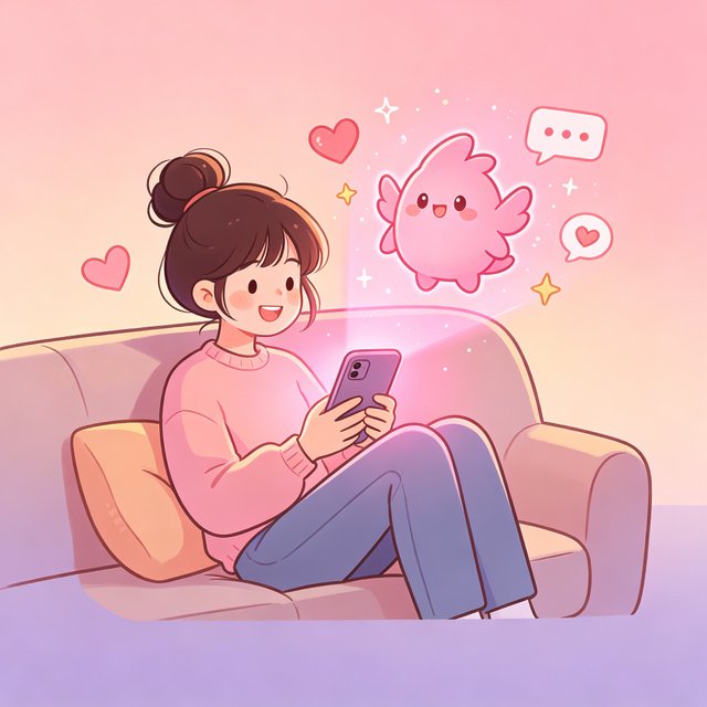 bubbly AI 陪伴聊天插画：女孩捧着手机与粉色 AI 小精灵温馨互动